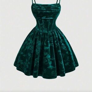 Green Velvet Floral Fit-and-Flare Dress with Corset Bodice